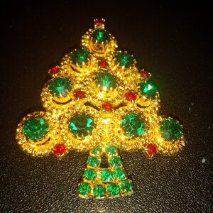 Hobe Vintage Signed Emerald Green Stones Christmas Tree Brooch